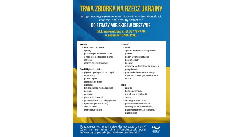 Plakat w barwach Ukrainy zawiera apel o pomoc 